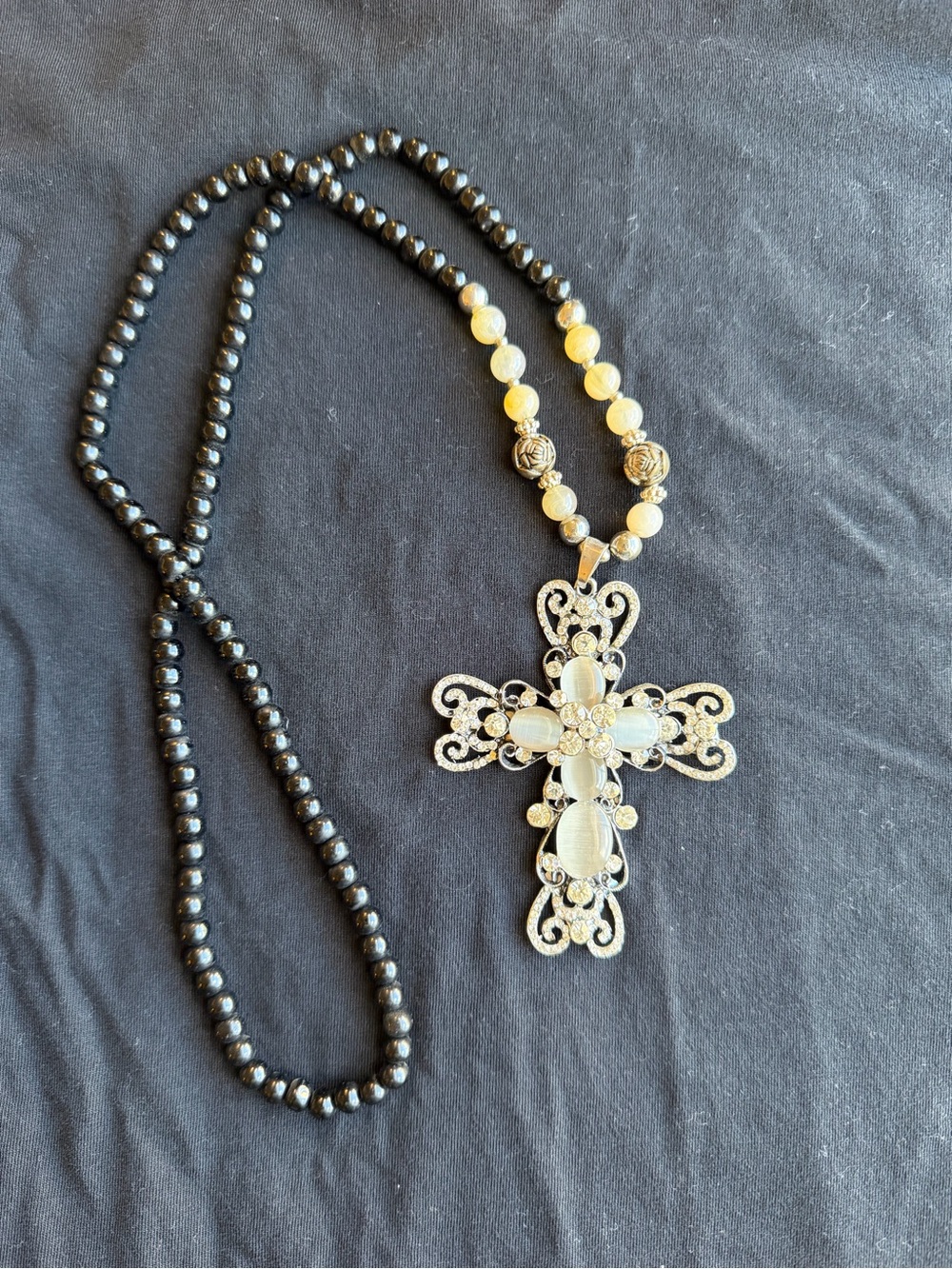 Elegant Black & Cream Cross Pendant Necklace